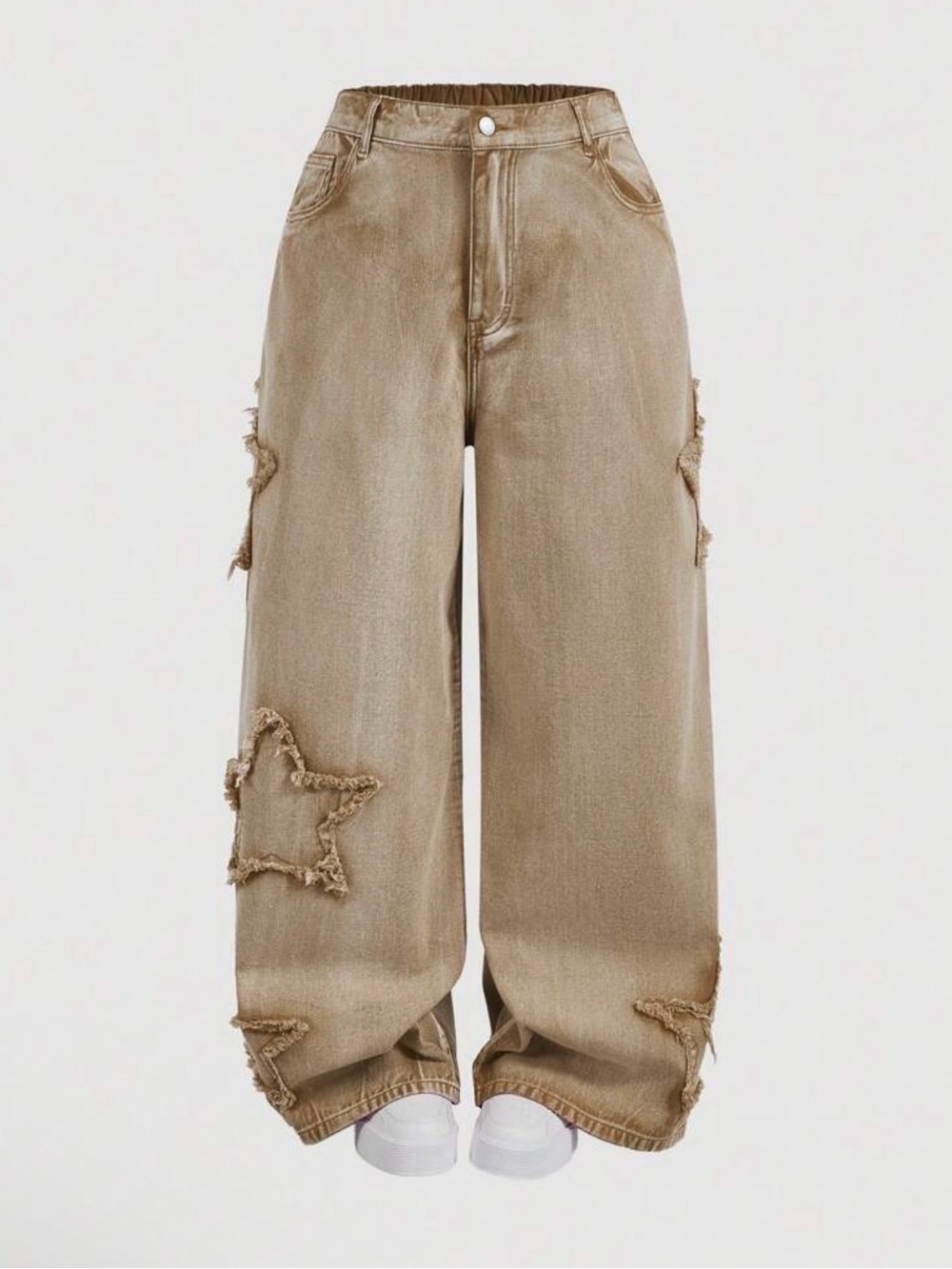 Wide Leg Star Baggy Denim Jeans in Tan Cotton Blend Brown New Boutique - Picture 5 of 5